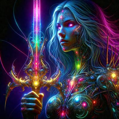The primary subject of the image is a woman with long hair, holding a sword. She is wearing a dress and has a unique, futuristic appearance. The setting is a colorful, digital art background that complements the woman's outfit and enhances the overall visual style. The colors and mood of the image are vibrant and energetic, with a strong focus on the woman and her sword.